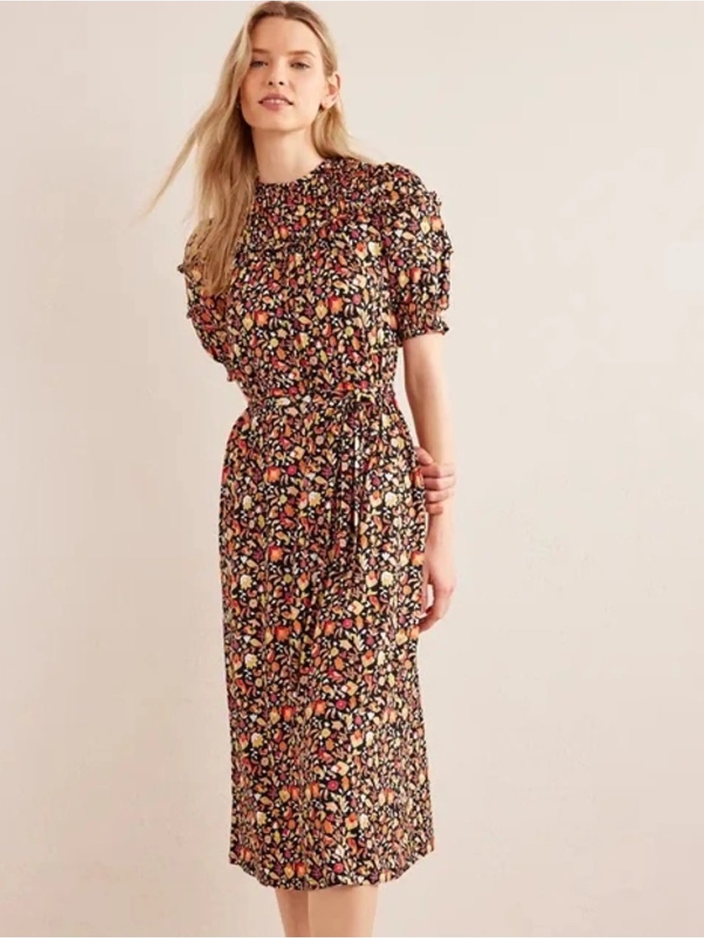 Boden Yoke Detail Jersey Midi Dress 10R Fall Black/Block Petal Peasant